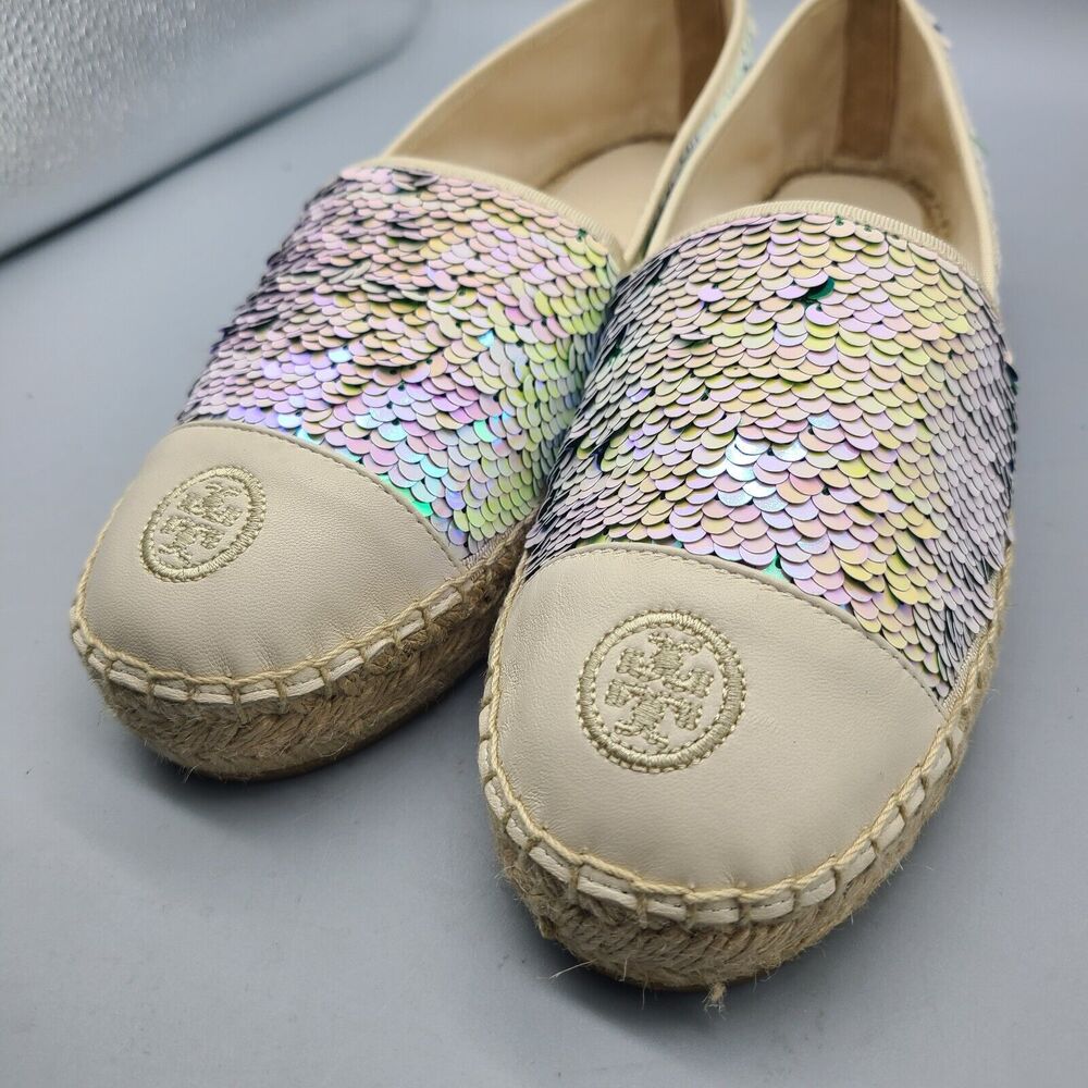 Tory Burch women flats sz 10 sequin espadrilles  ivory green logo new - Picture 4 of 13